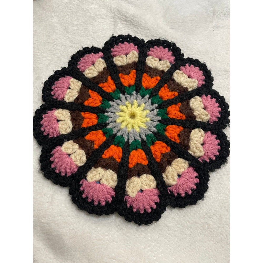 Handmade Reversible Crochet Trivet Pot Holder Flower Boho Round Table Decor - Picture 2 of 5